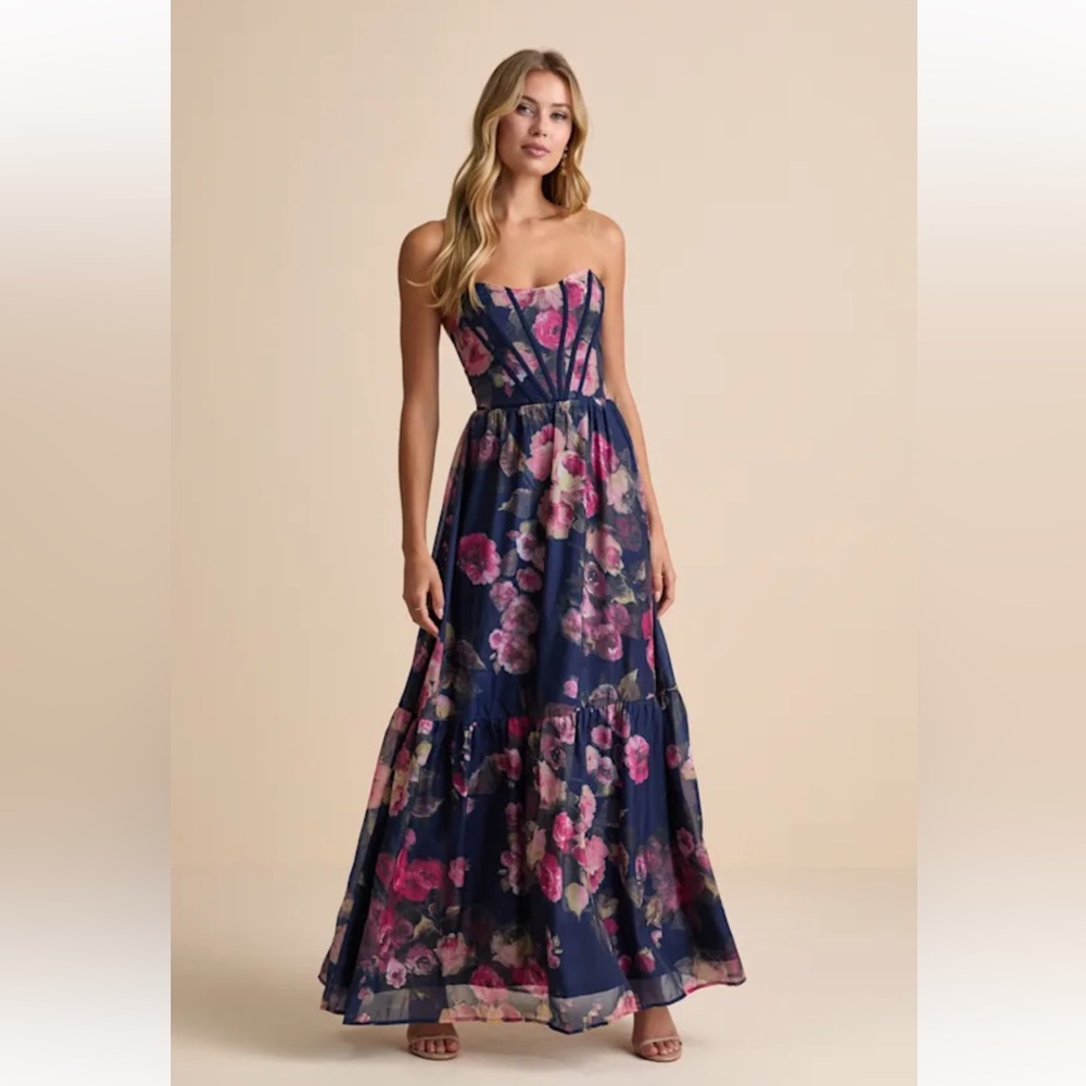 Lulus Roane Navy Floral Organza Bustier Maxi Dress | M